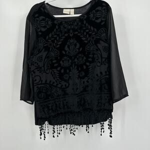 Chicos Womens Burnout Velvet Top Size 2 US L Black Fringe Sheer Witchy Dramatic